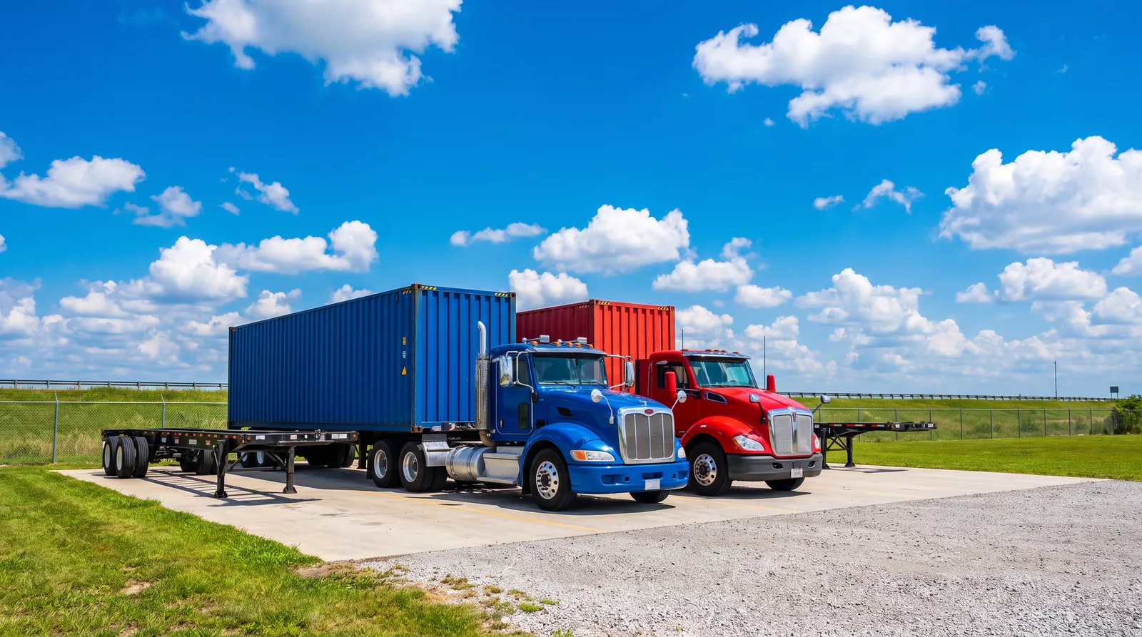 Two tractors hooked to chassis carrying loaded containers, parked in the Baytown yard on a clear day