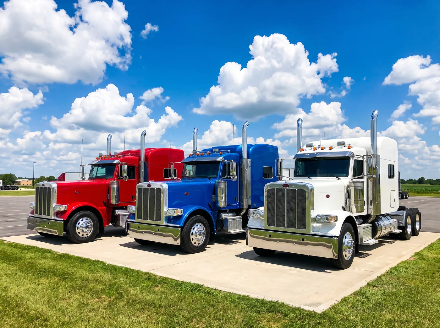 Three clean tractors in red, blue and white parked side by side in the Baytown yard