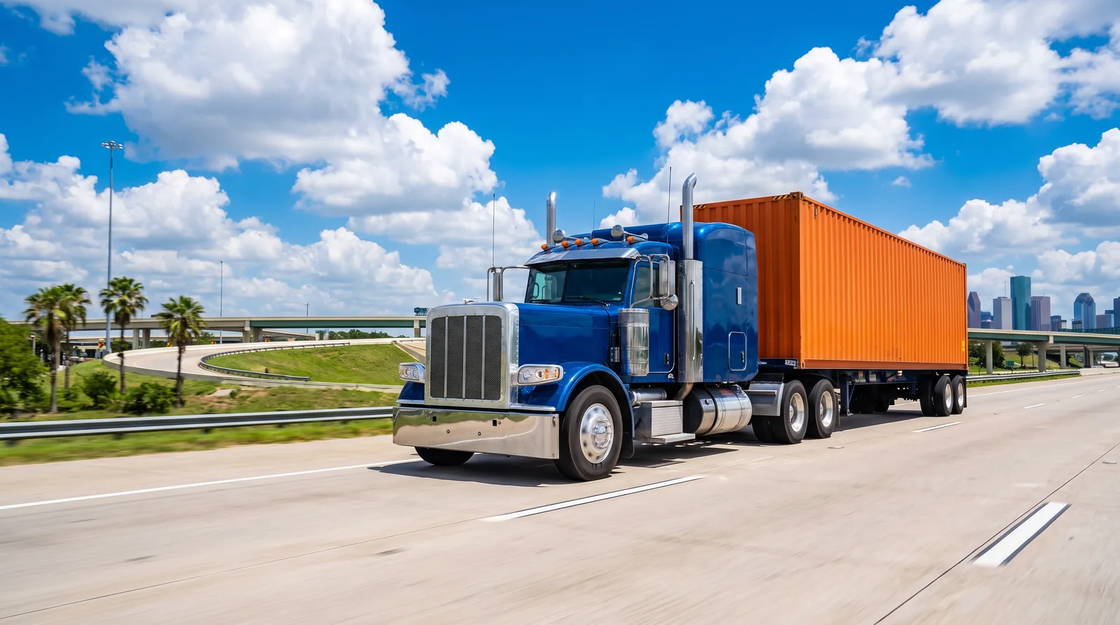 A blue tractor hauling an orange container across a Texas highway interchange