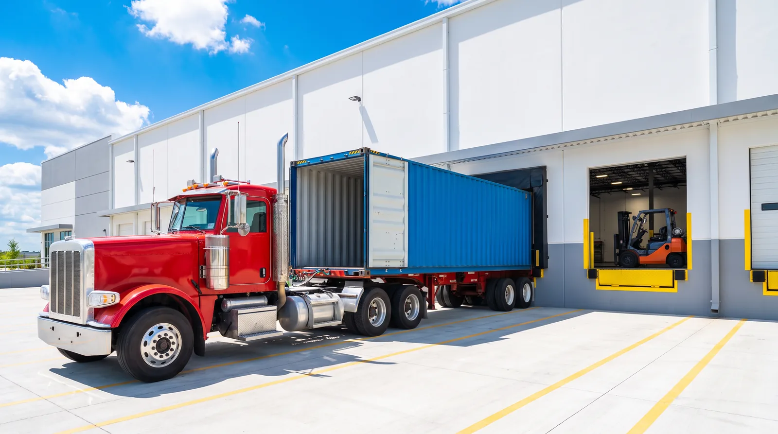 A red tractor with a blue container backed into a warehouse loading dock with a forklift inside