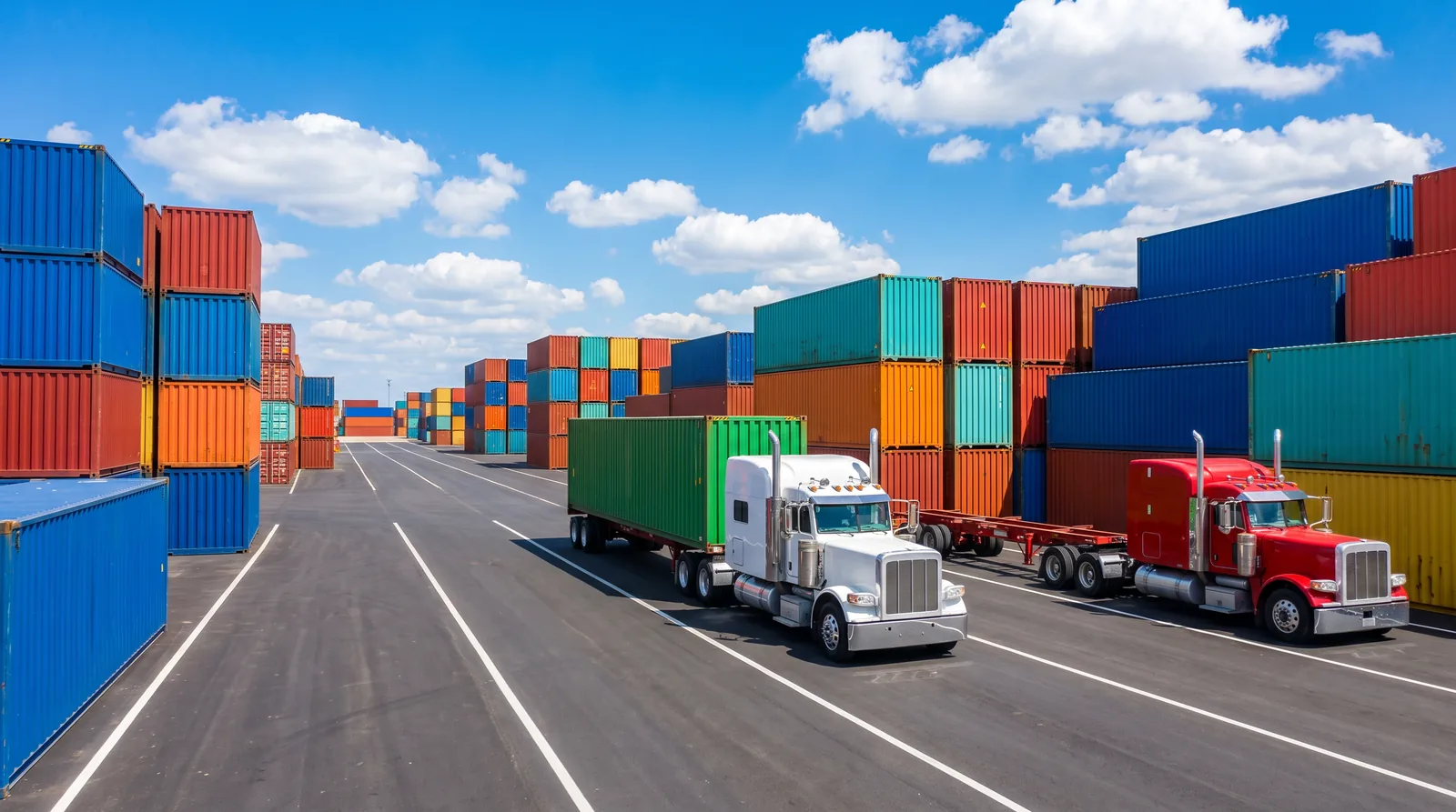 Brightly colored containers stacked in rows in a storage yard with tractors and chassis in the lanes